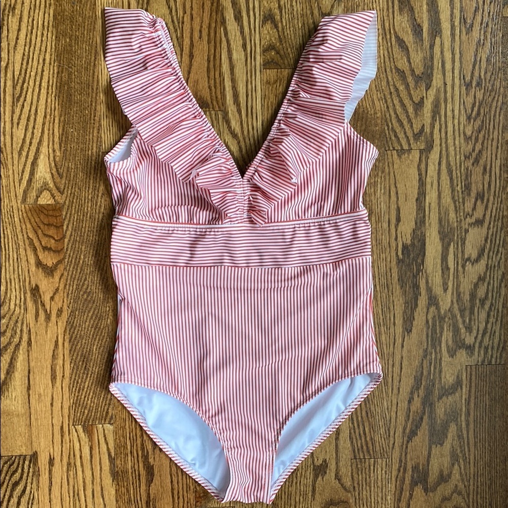 Red-Orange and white stripe OCEANE
RETRO ONE-PIECE BY AAVA, size L. NWOT.